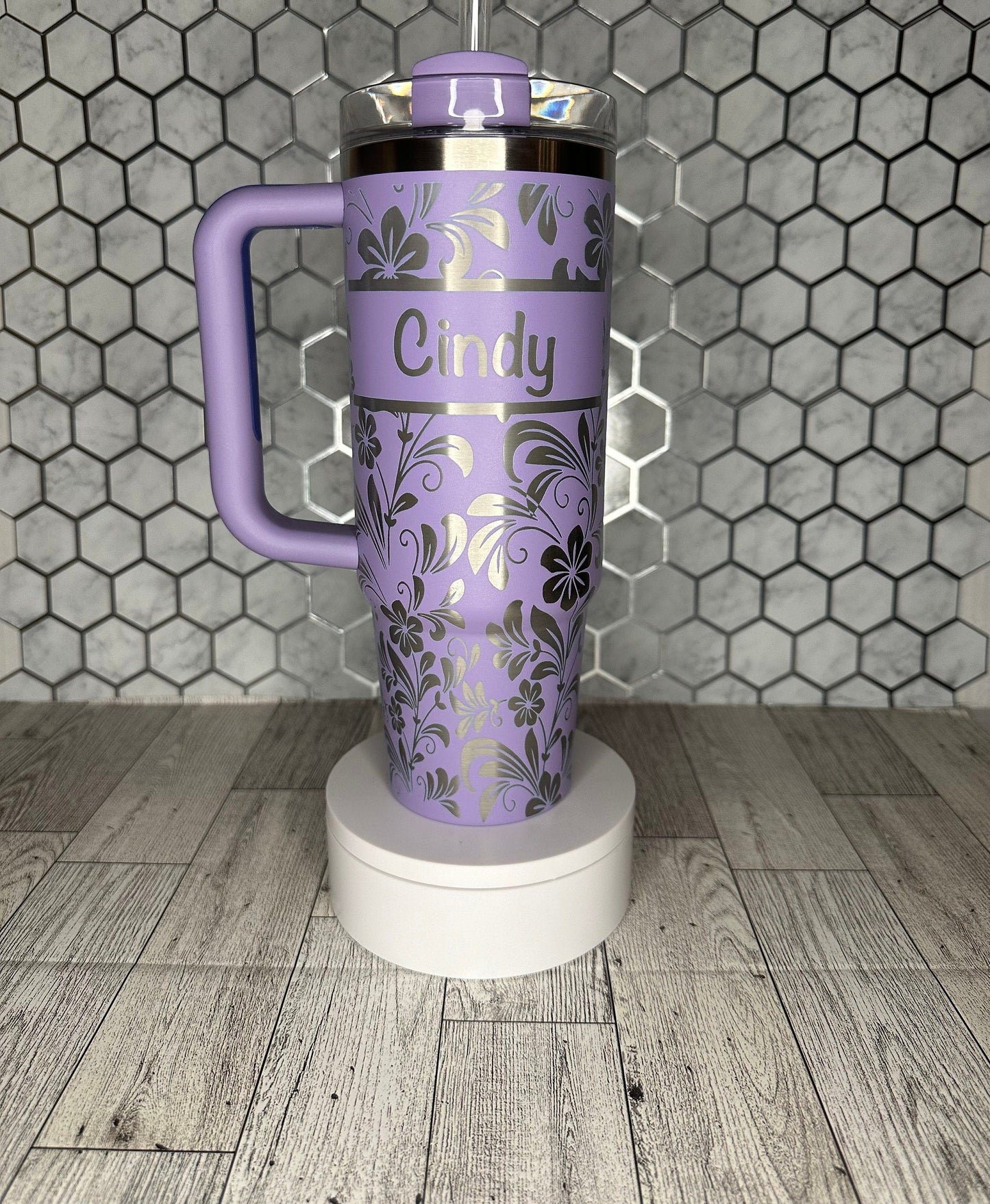 Personalized Floral Engraved Tumbler with Name - Stanley IceFlow 30oz Flip Straw