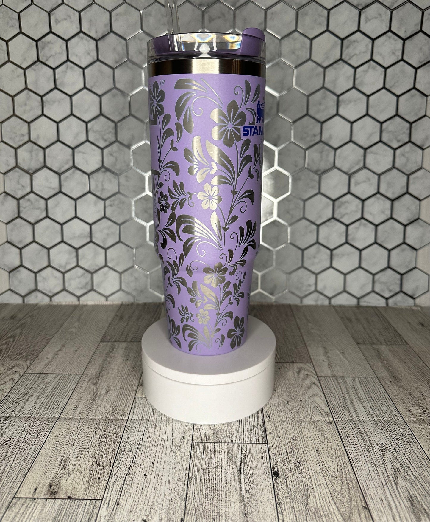 Personalized Floral Engraved Tumbler with Name - Stanley IceFlow 30oz Flip Straw