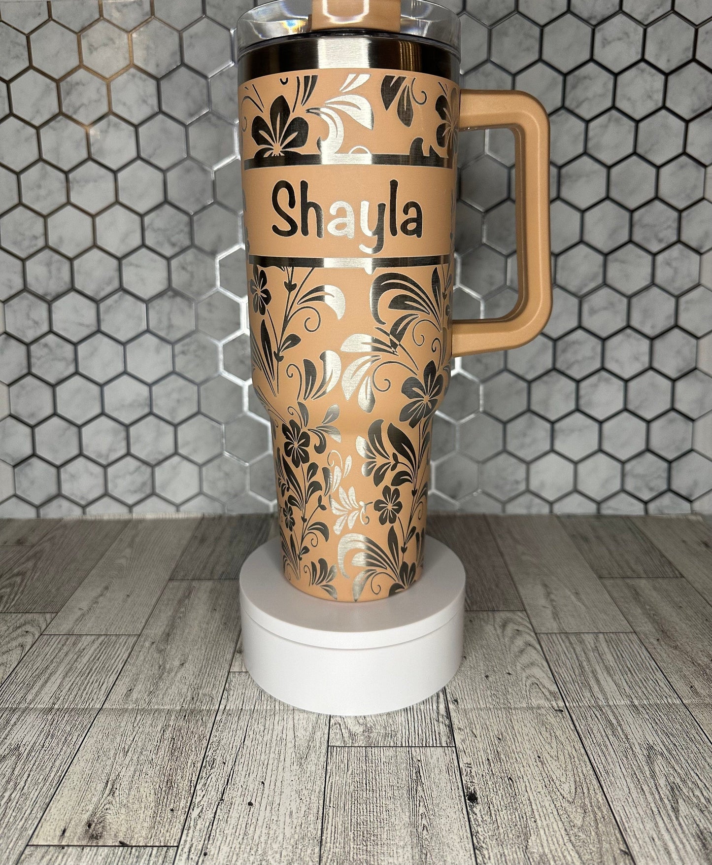 Personalized Floral Engraved Tumbler with Name - Stanley IceFlow 30oz Flip Straw