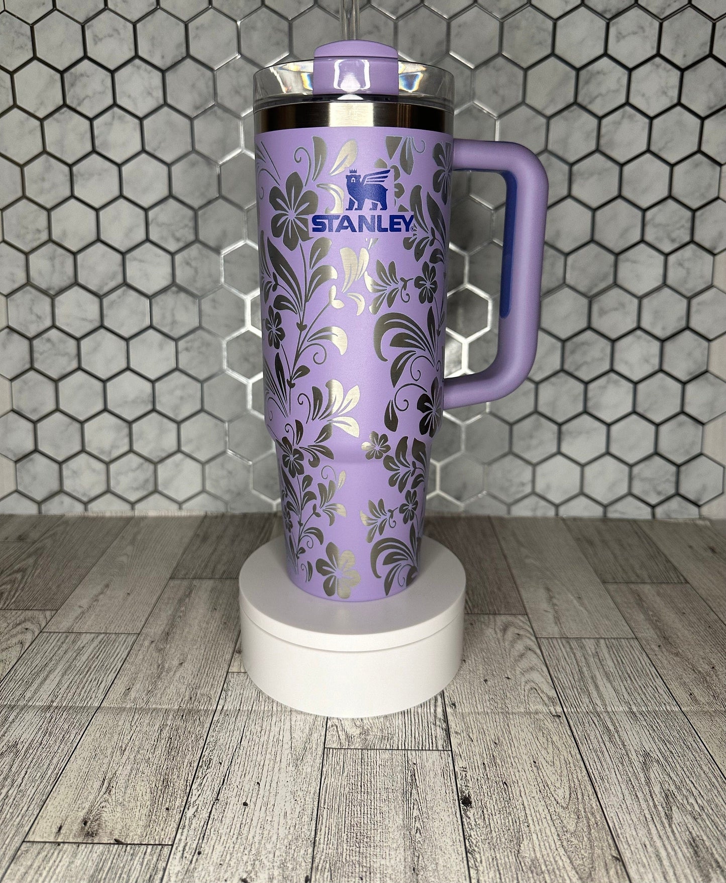 Personalized Floral Engraved Tumbler with Name - Stanley IceFlow 30oz Flip Straw