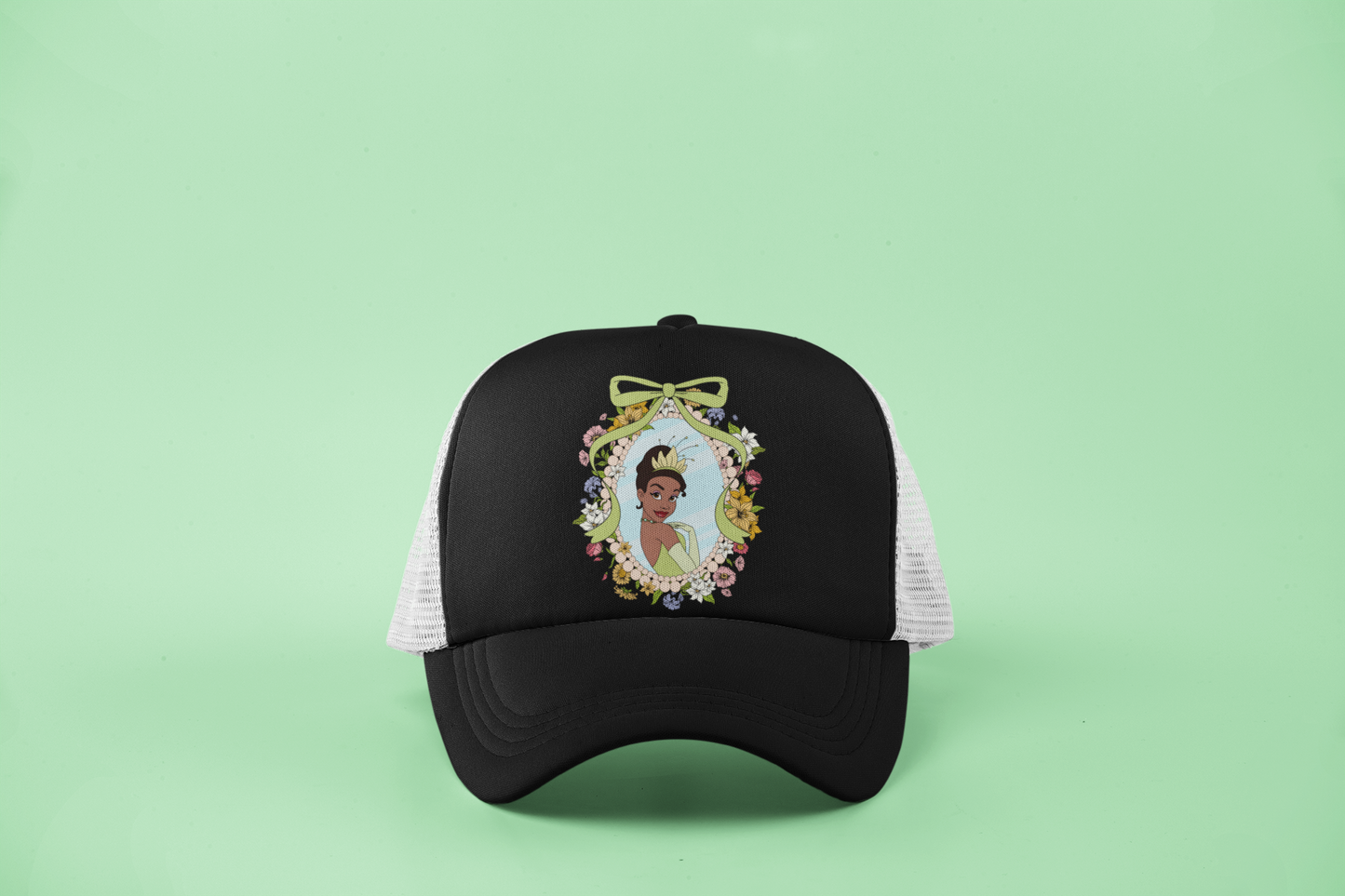 Tiana-Inspired DTF Hat โ Princess Frame Design with Floral & Pearl Accents