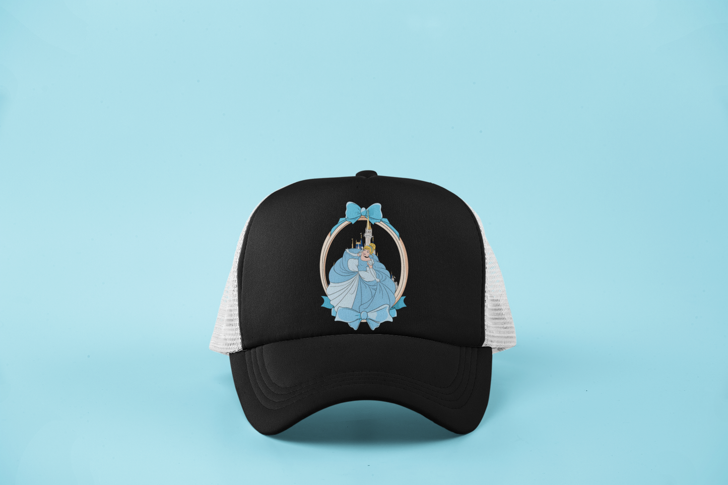 Cinderella-Inspired DTF Hat โ Blue Ballgown, Castle Design & Dreamy Bow Frame