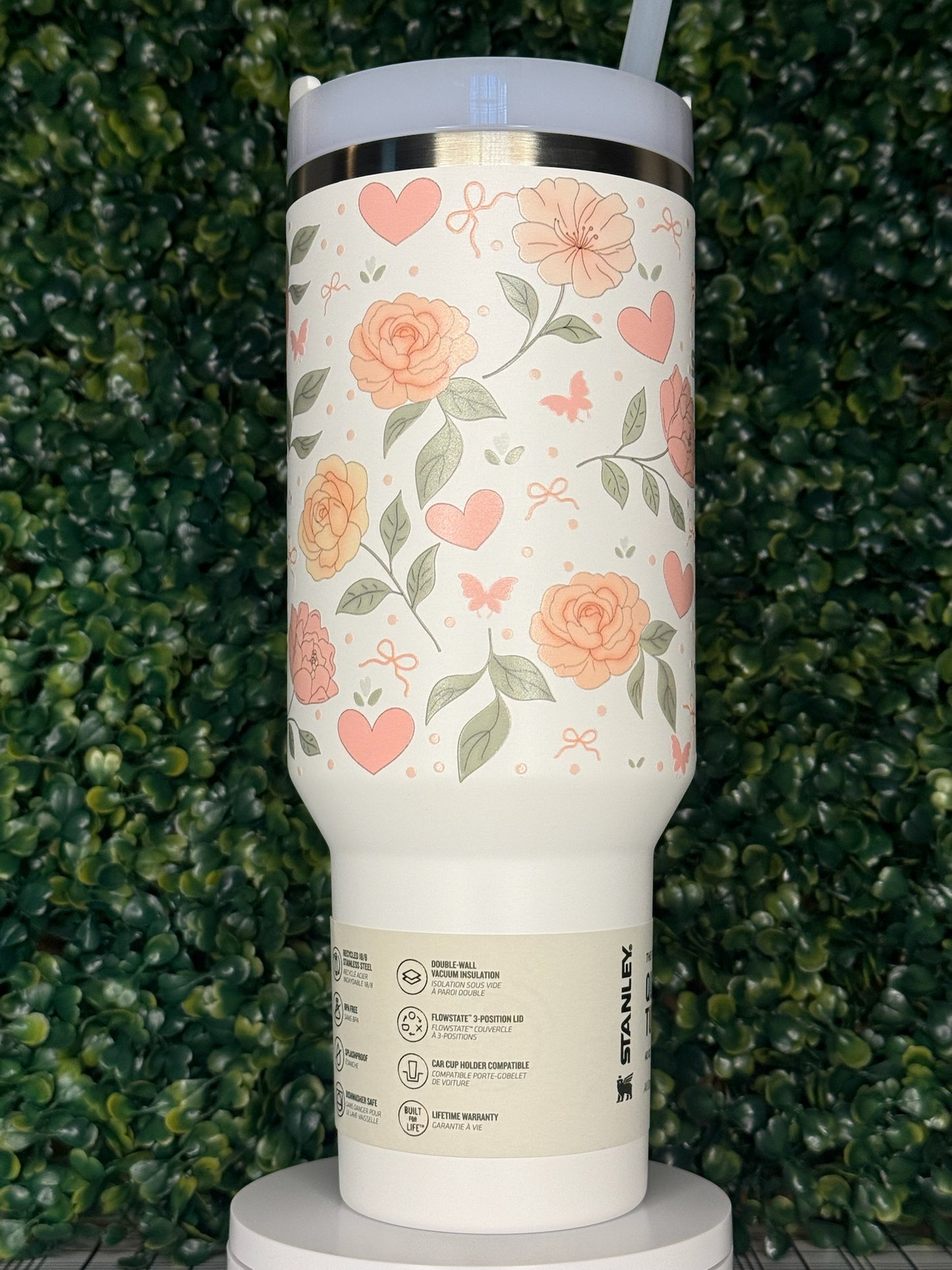 Pink Bow Botanica UV DTF Printed Tumbler - Stanley Quencher 30/40oz