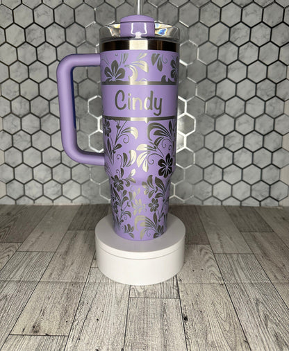 Personalized Floral Engraved Tumbler with Name -  Stanley IceFlow 30oz Flip Straw