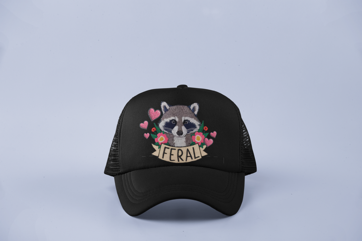 Feral Raccoon DTF Hat – Cute Chaos, Glitter Hearts & Flower Crown Vibes