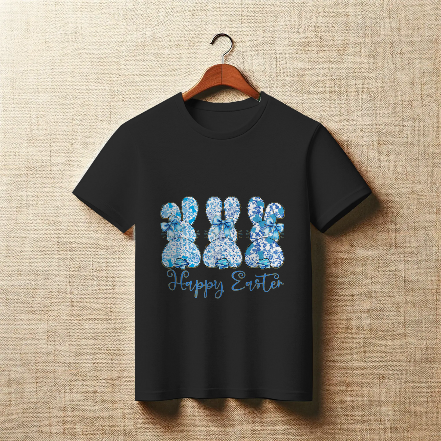 Blue Chinoiserie Bunny Trio Happy Easter Graphic Apparel