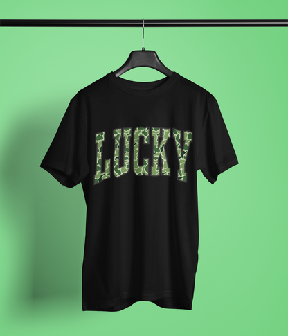 Lucky Camo Letter Graphic Apparel